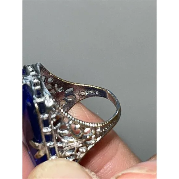 Vintage Art Deco 1950’s NEMCO Blue Gemstone Silver Filigree Ring Size 3.5 - Picture 2 of 5